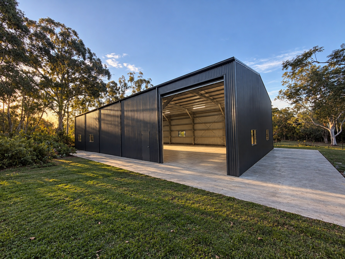 Large steel shed with roller doors on a concrete slab in Logan