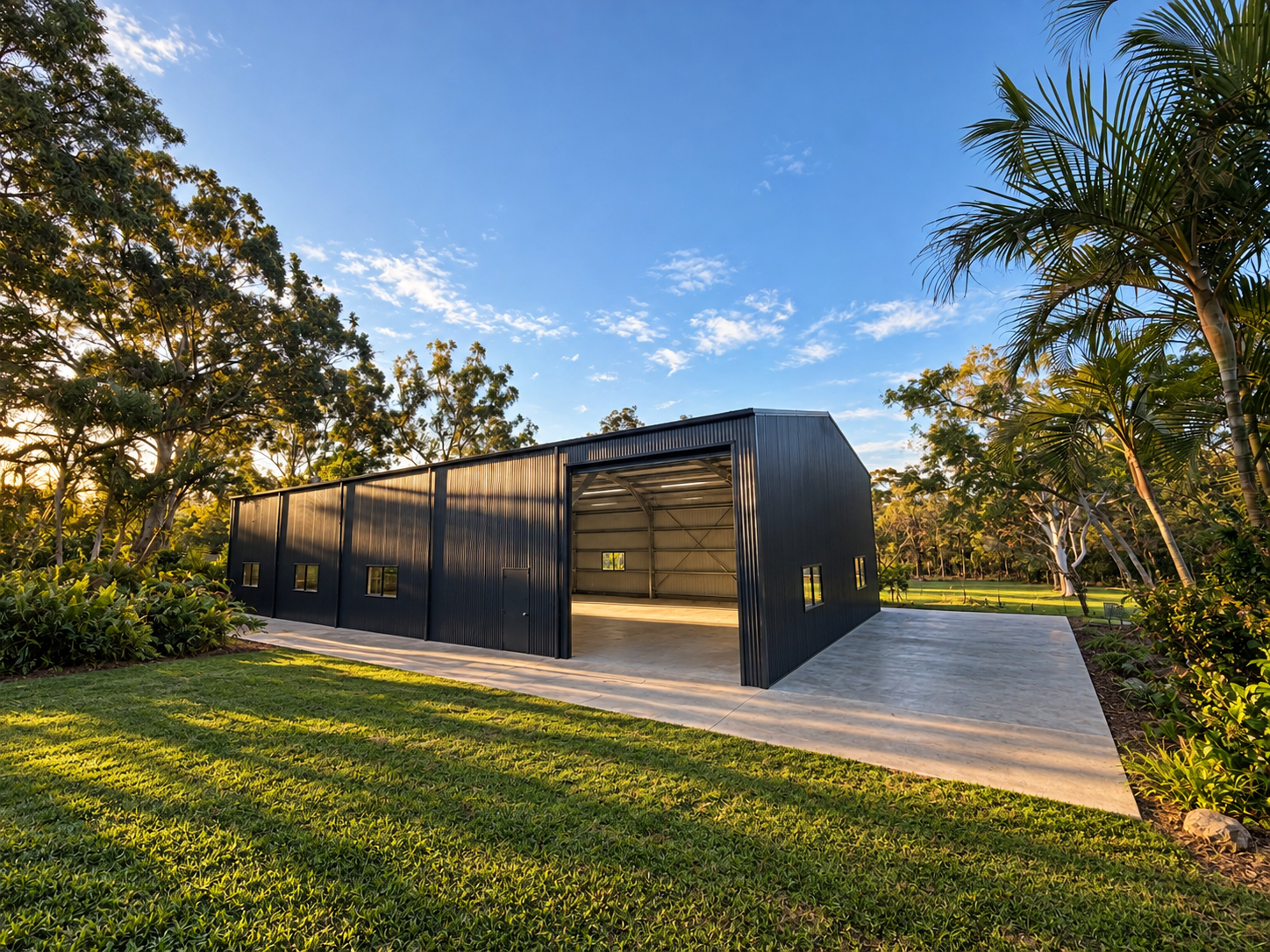 Side view of a steel shed built on a prepared and levelled site