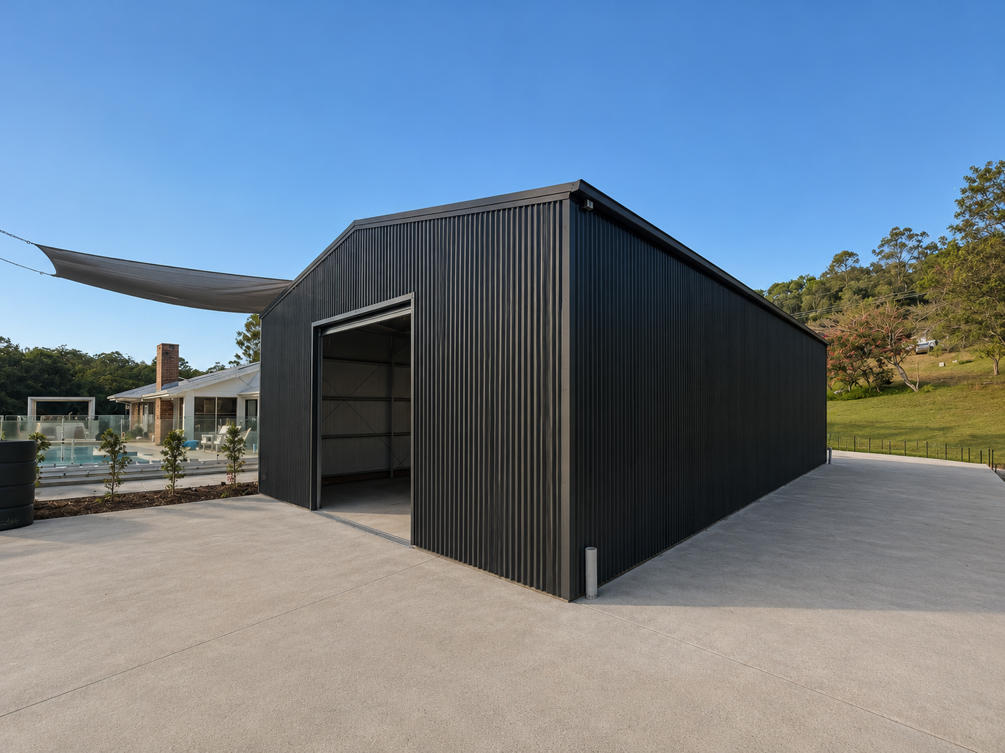 Steel shed finished in Colorbond cladding viewed from the side
