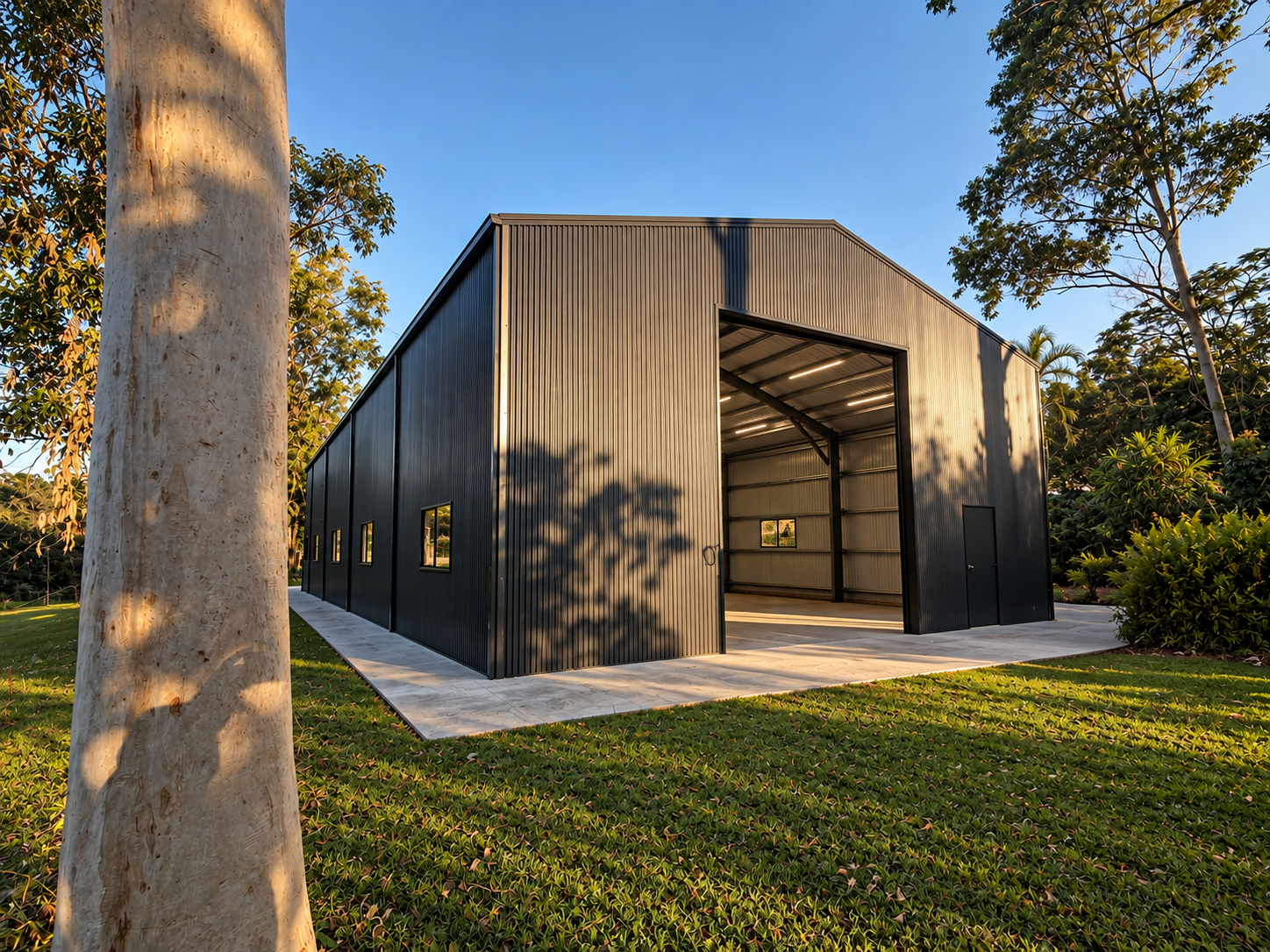 Large rear view of a custom steel shed on an acreage property