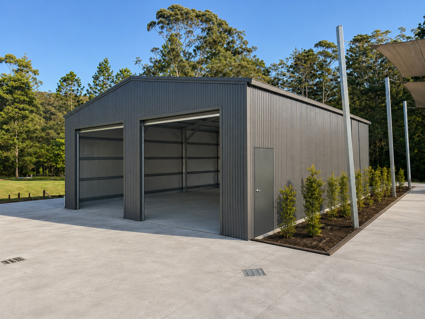 Steel shed with roller door on a Gold Coast hinterland property