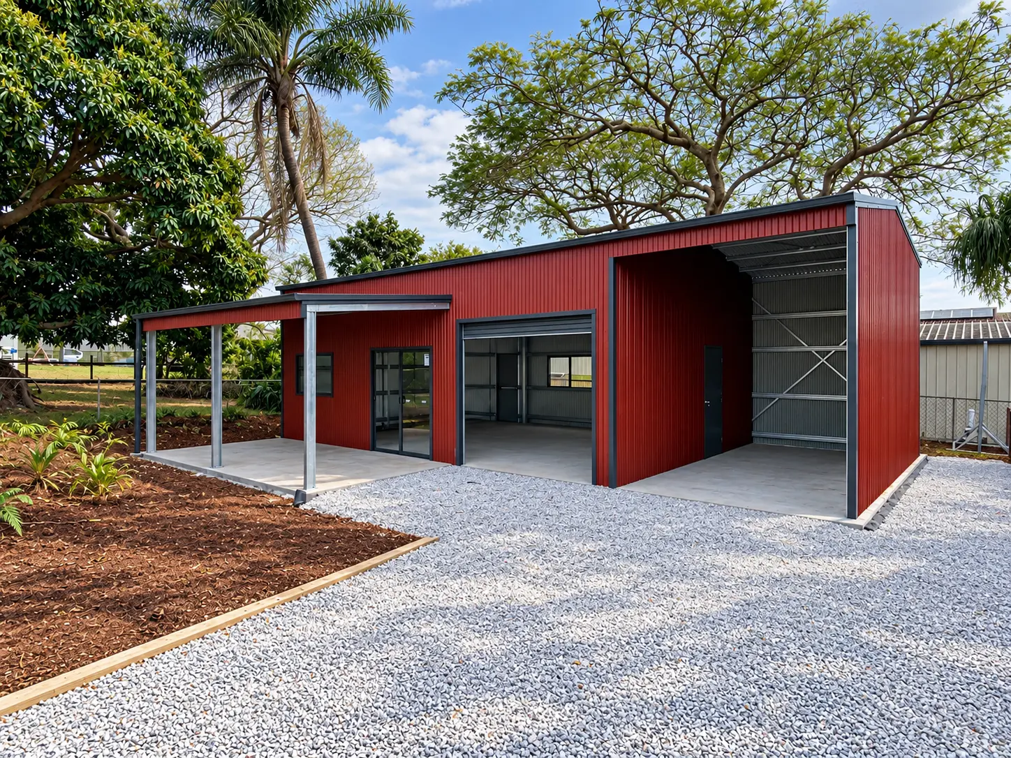Finished steel shed with roller door on a Gold Coast property
