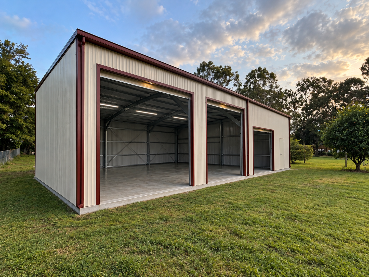 Custom three-bay steel shed with multiple roller doors on a rural Tamborine property