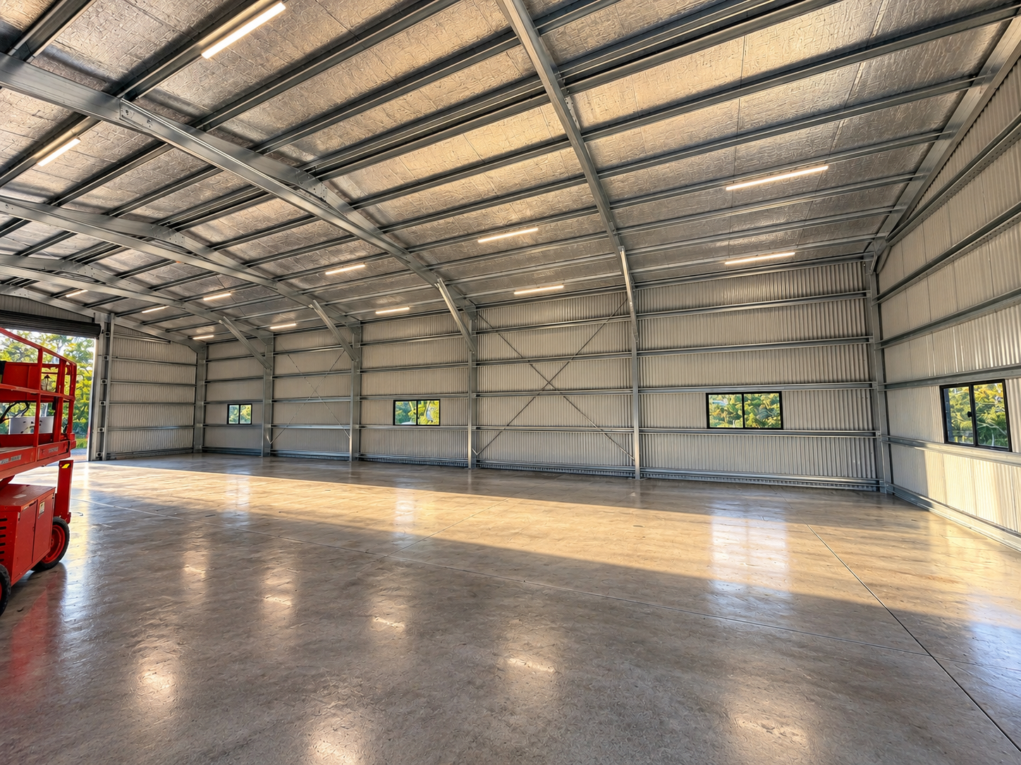 Insulated interior of a large steel shed in Logan