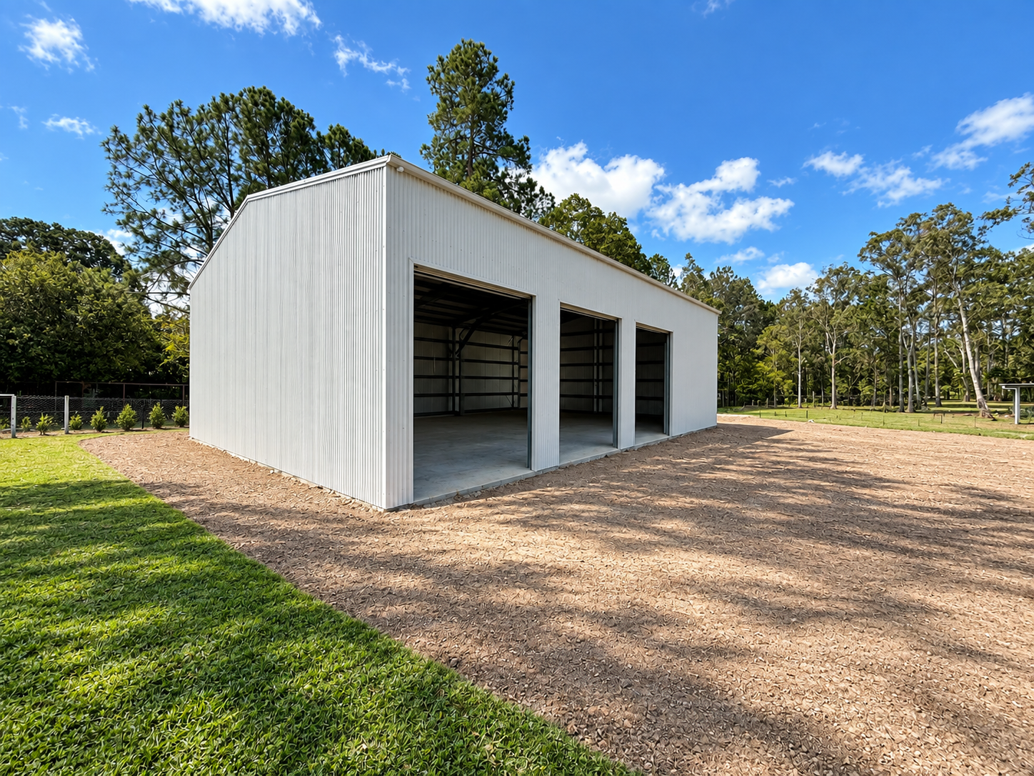 Finished steel shed with roller doors in Brisbane