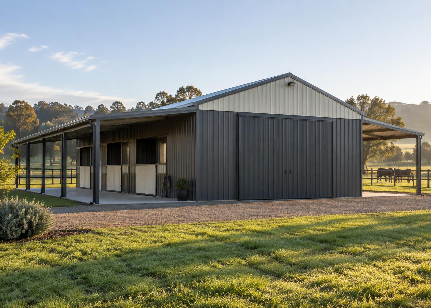 Barn style steel building on Australian acreage
