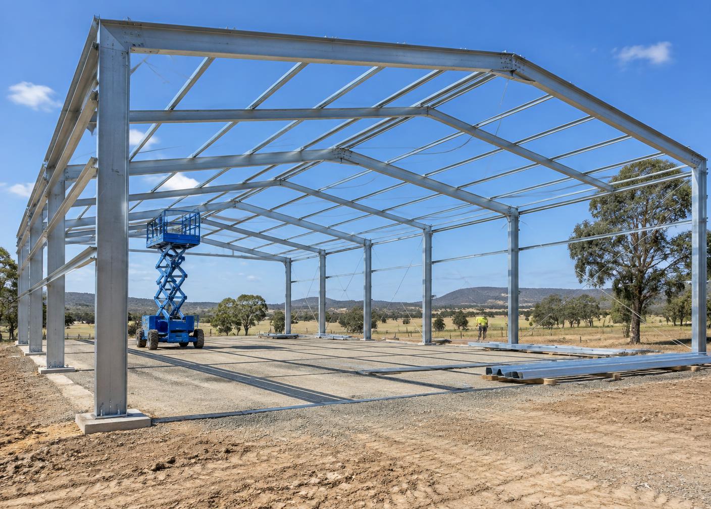 Steel shed frame being erected on a Queensland rural site