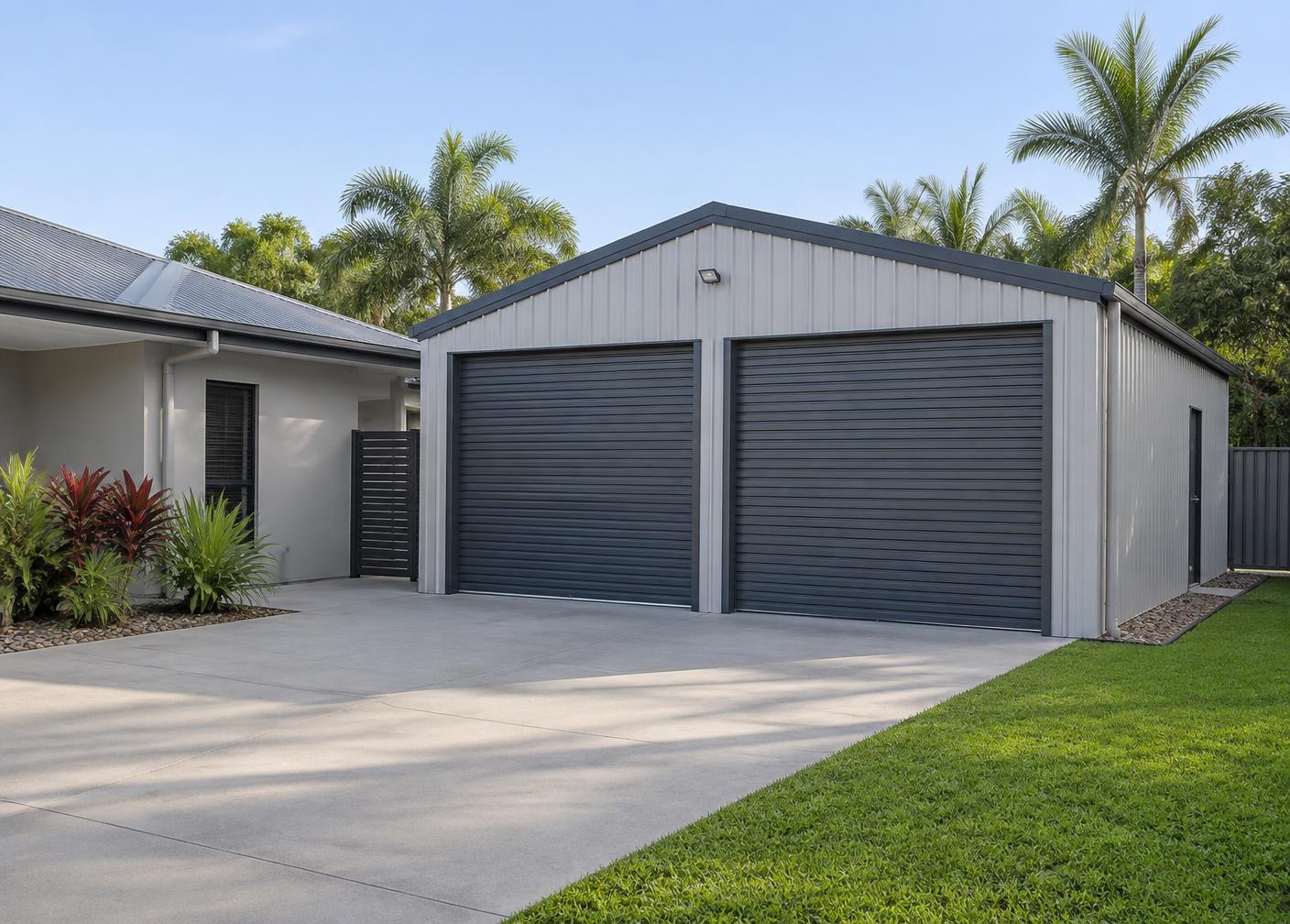 Residential Colorbond shed and double garage on a Queensland property